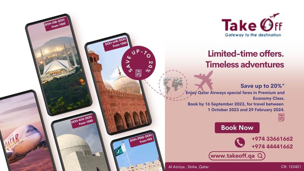 Save up to 20% Enjoy Qatar Airways special fares in Premium and Economy Class. Book by 16 September 2023, for travel between  1 October 2023 and 29 February 2024