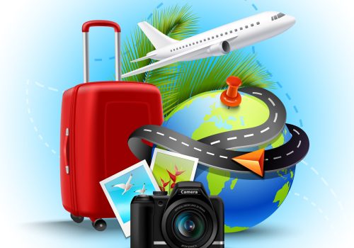 Vacation and holidays background with realistic globe suitcase and photo camera vector illustration