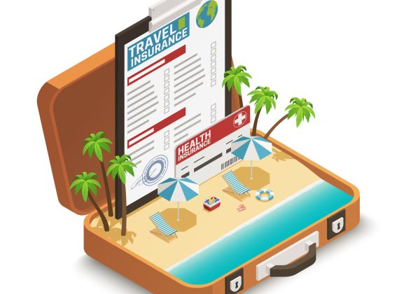 Travel insurance policy certificate advertisement isometric composition with tropical beach inside open vacation suitcase symbol vector illustration